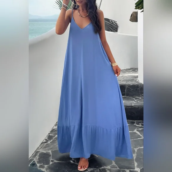 Oversized Pocket Casual Sleeveless V-Neck Low Back Long Summer Maxi Dress Blue - Picture 3 of 16